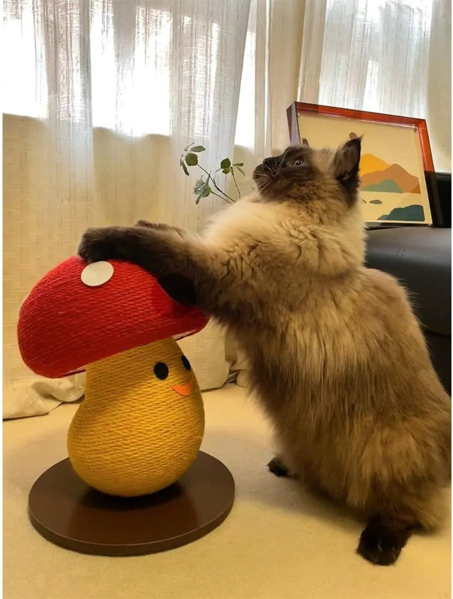Foldable mushroom-shaped cat scratcher with accordion design, showing corrugated cardboard round board and central nest area.