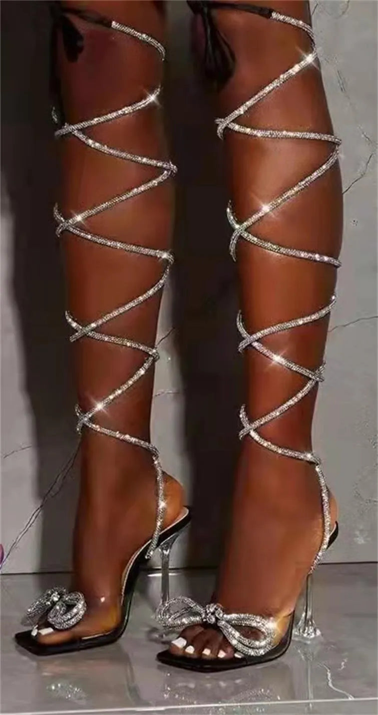 Plus size women's sandals with Roman rhinestone straps and square toe design in black colour