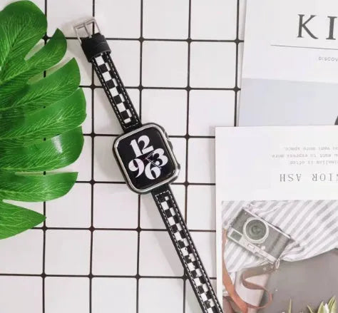 Black and white checker canvas leather strap for Apple Watch 38mm 40mm 41mm 42mm 44mm 45mm