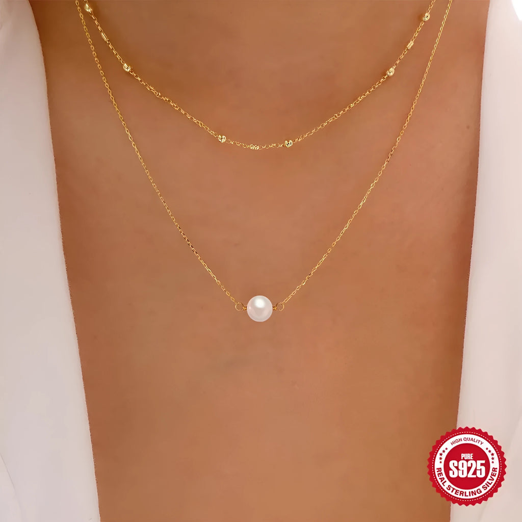 S925 sterling silver women's double layer pearl necklace with ball bead chain in gold colour