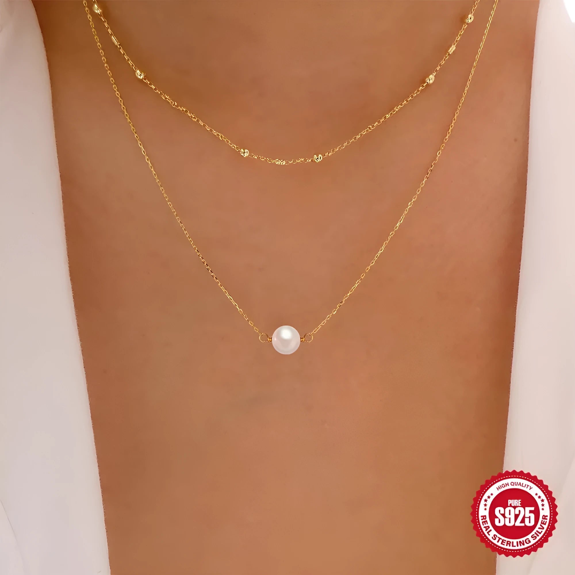 S925 sterling silver women's double layer pearl necklace with ball bead chain in gold colour