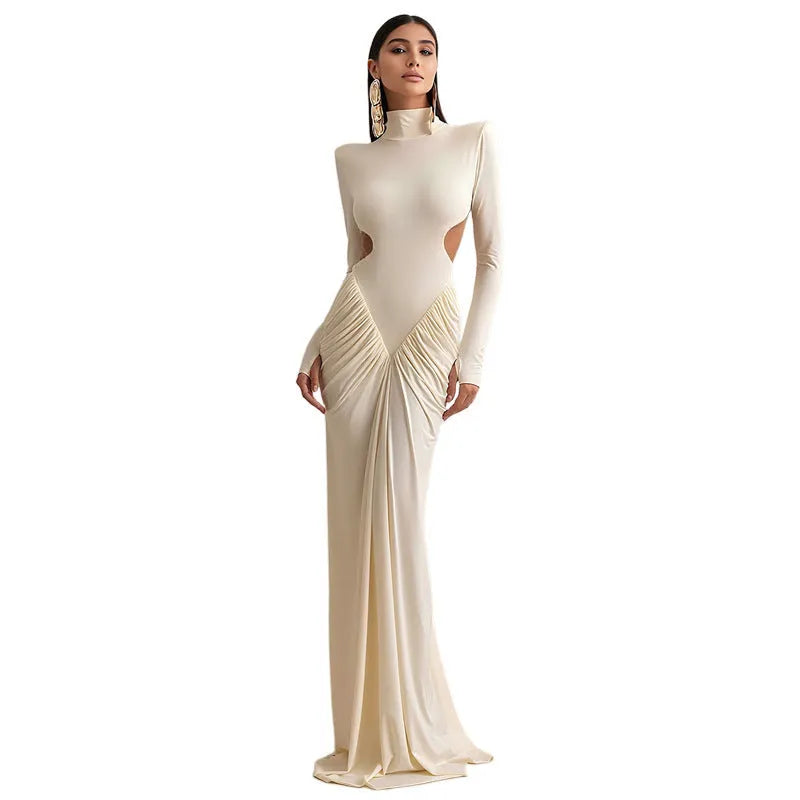 Women's long sleeve backless dress with high collar and pleated detailing in slim fit silhouette