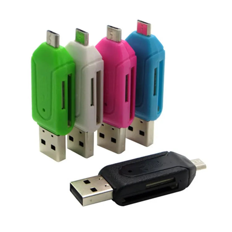 White OTG card reader with micro USB connector for Android phones and computers with SD and TF card slots