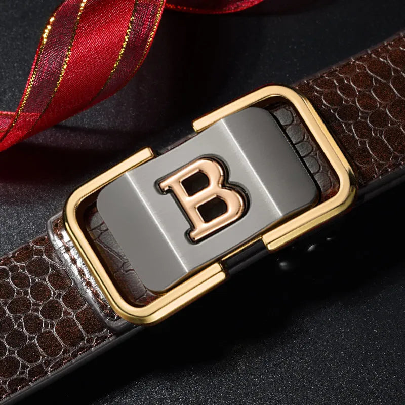 Toothless automatic buckle genuine leather belt in coffee black with zinc alloy buckle