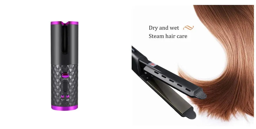 Portable USB charging curling iron with gold ceramic barrel in white, pink, or grey