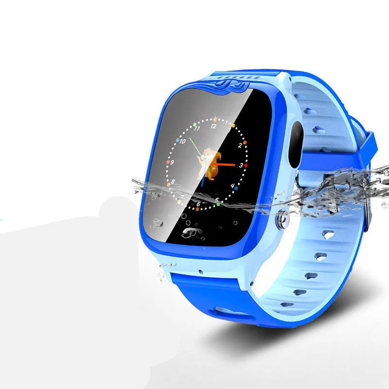 Children's smartwatch with pink silicone wristband showing HD touch screen and camera
