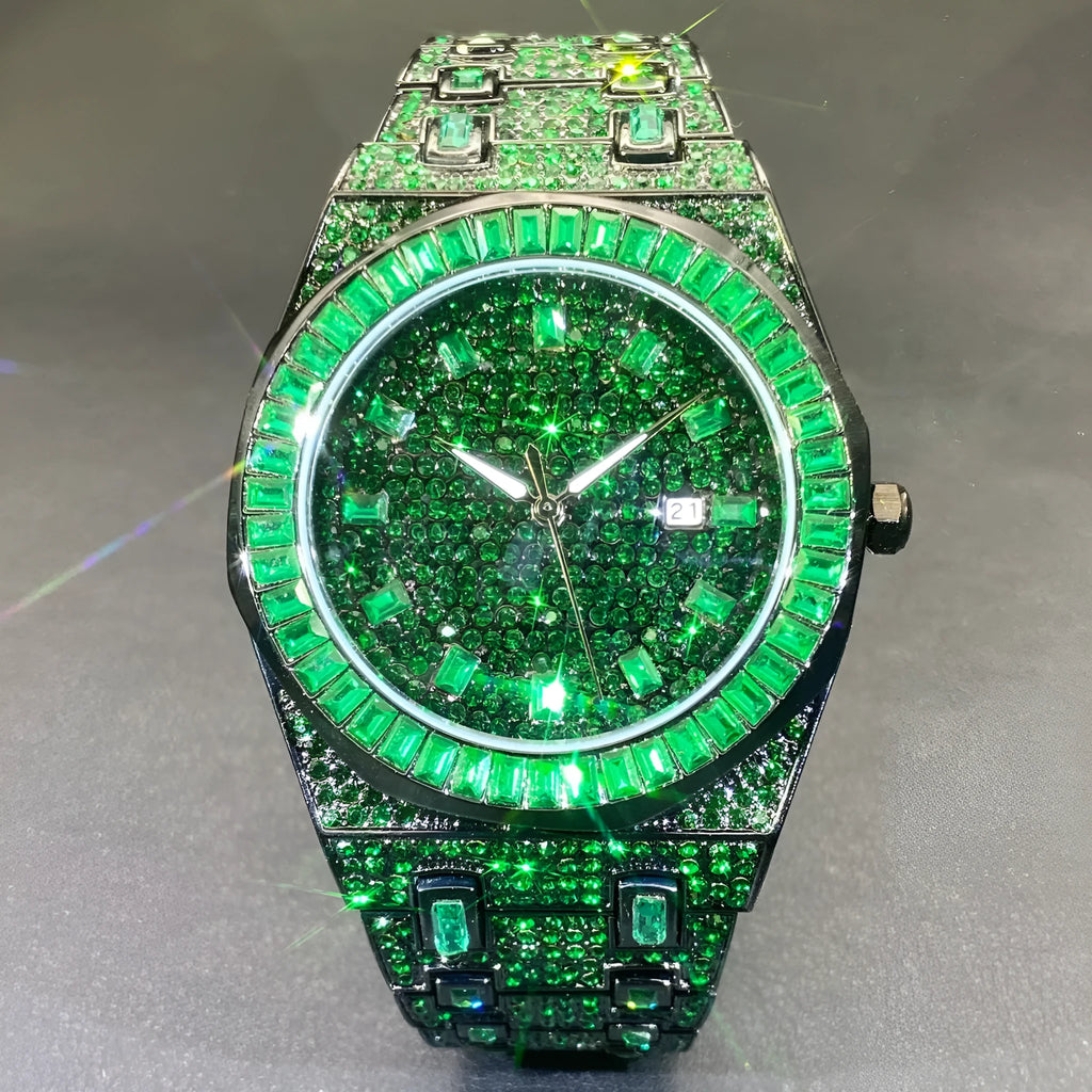 Hip hop men's green full rhinestone quartz watch with alloy case and 13mm thickness