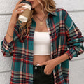 Women's loose fit retro plaid cotton shirt with long sleeves and button front in black green purple colours