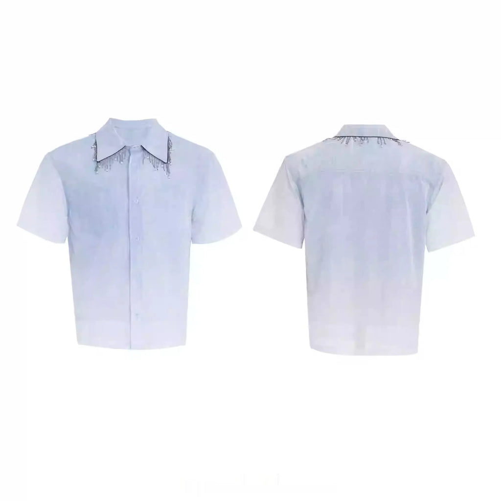 Blue loose fit men's summer shirt with half sleeves on hanger
