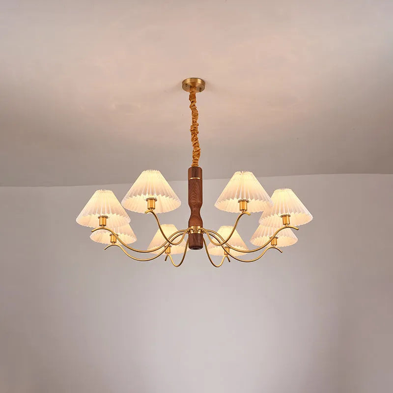 American retro style adjustable wall lamp in walnut wood with a fabric shade, mounted beside a bed.