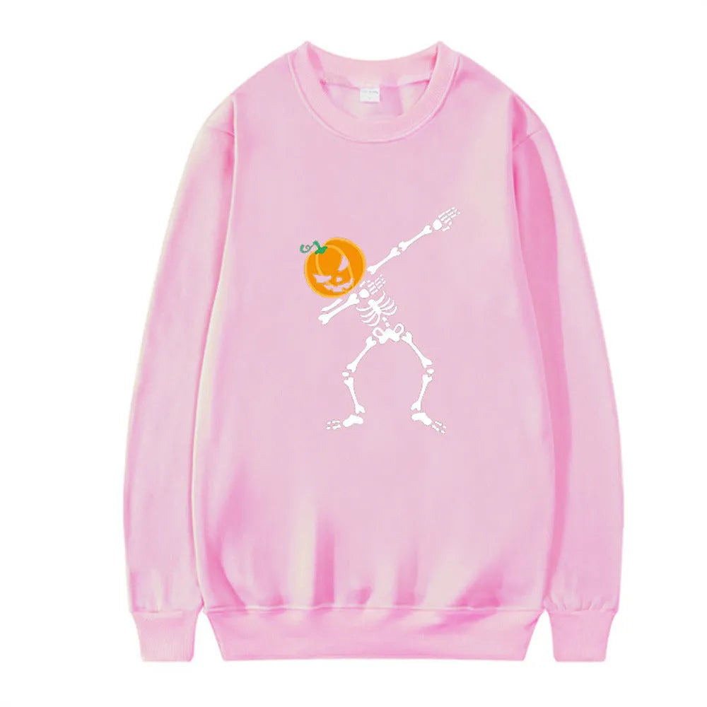 Women's casual printed long sleeve crew neck top in a cotton polyester blend on a hanger.