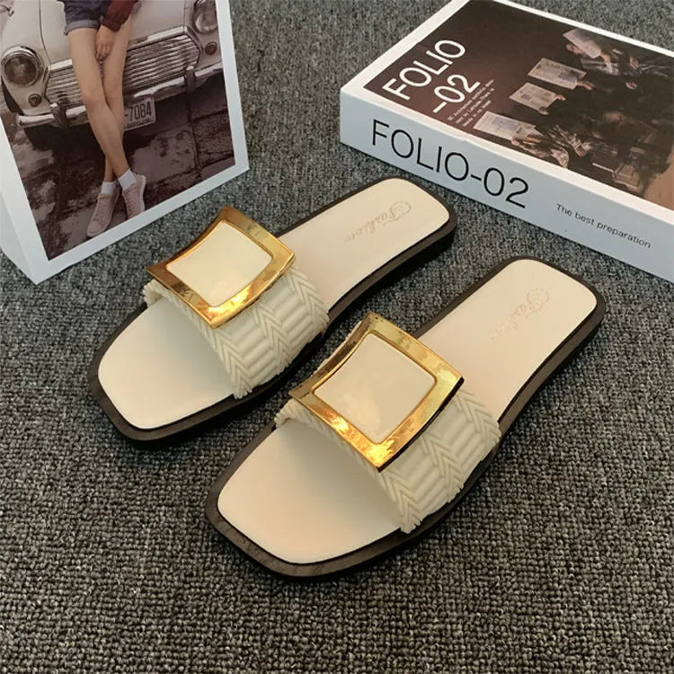 Women's summer casual flat slippers with PVC sole in apricot, black, or khaki colour options