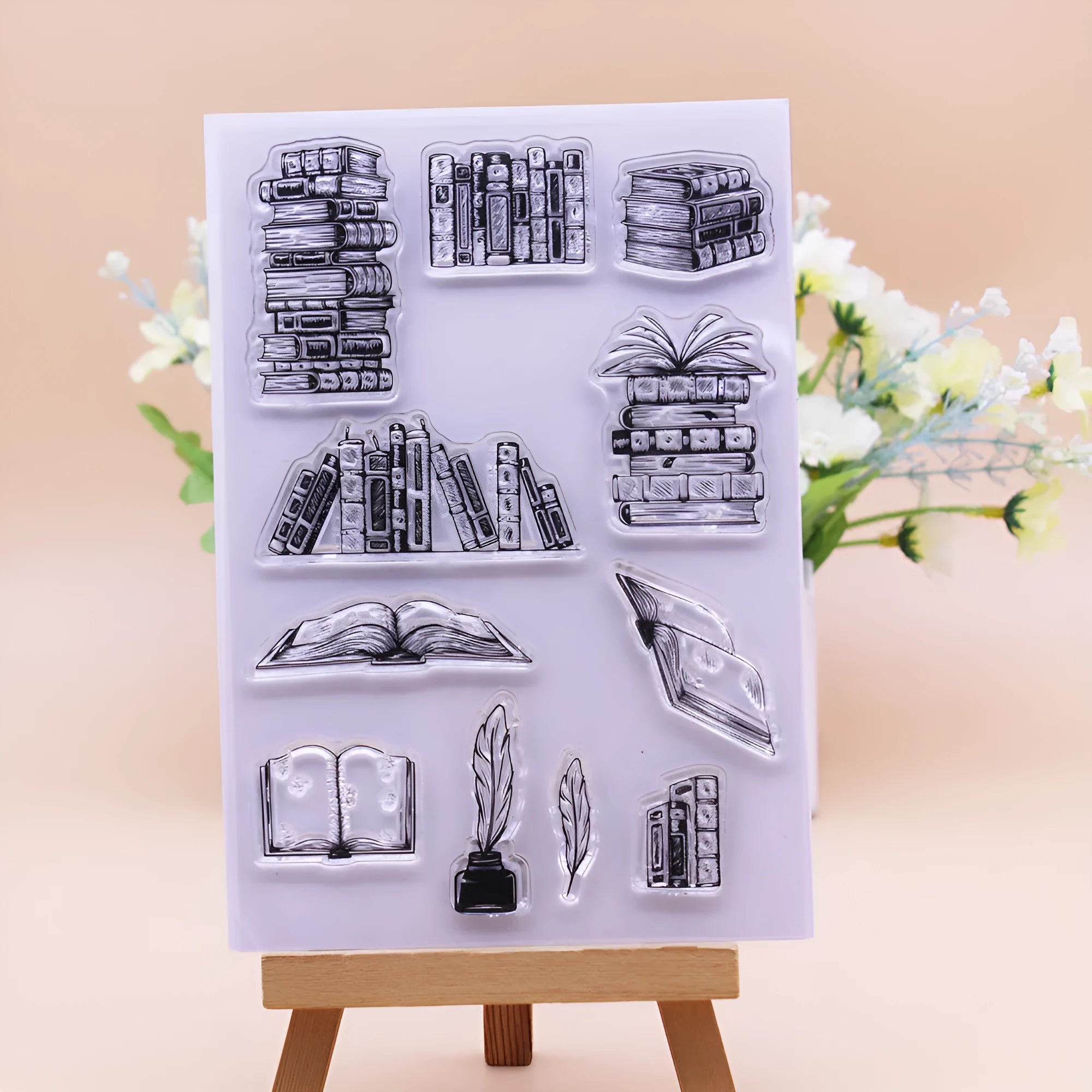 Transparent silicone stamp with white seal pattern measuring 11 by 16 centimetres