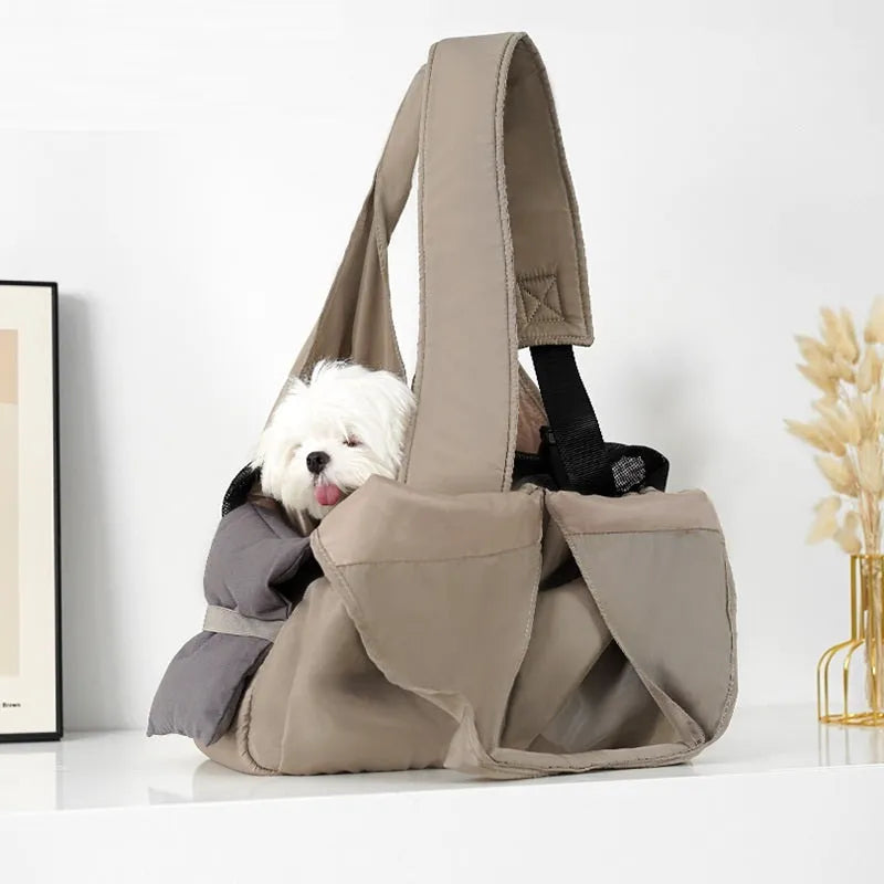 Apricot pet carrier bag with adjustable shoulder strap and side ventilation panels