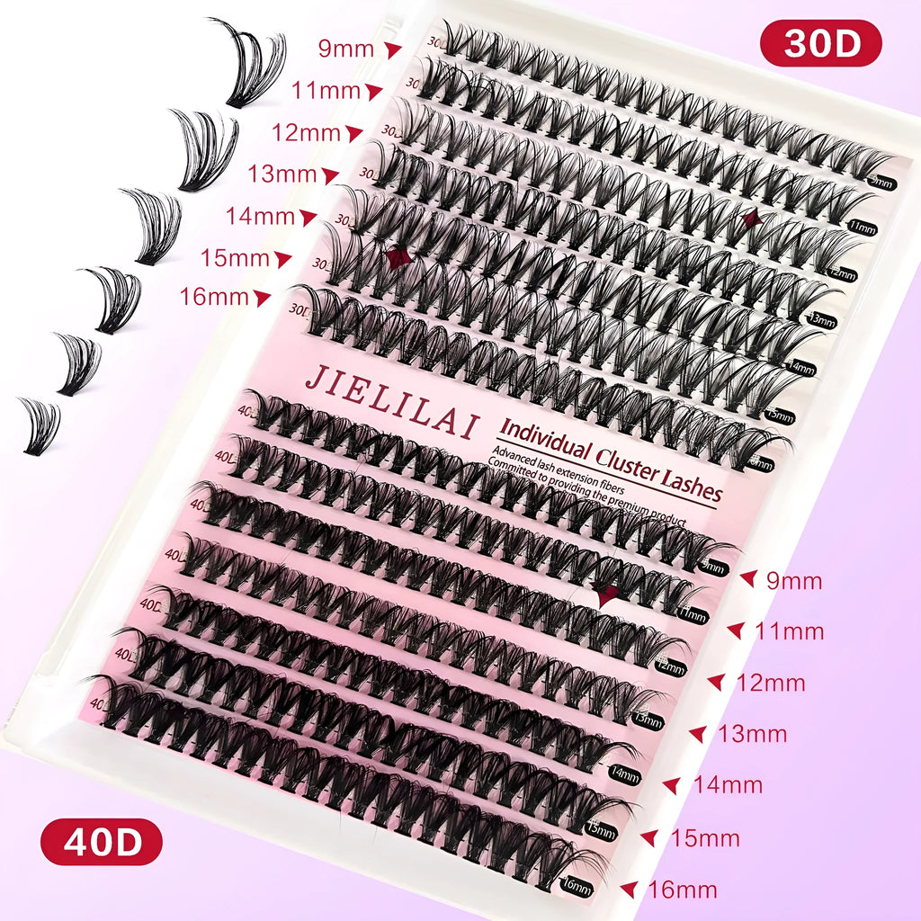 DIY false eyelashes mixed package showing 30D and 40D cluster lashes in 9-16mm lengths with application tweezers