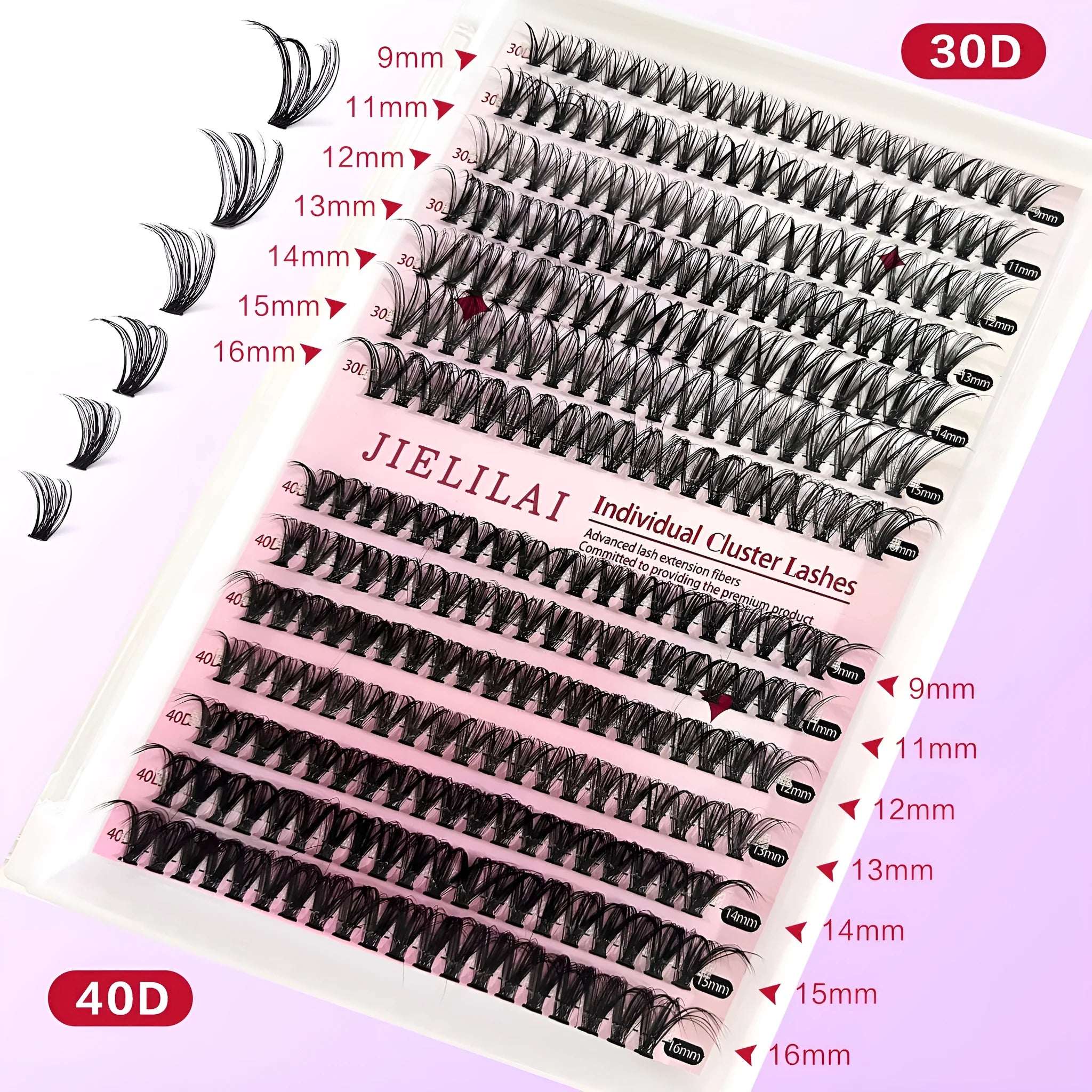 DIY false eyelashes mixed package showing 30D and 40D cluster lashes in 9-16mm lengths with application tweezers