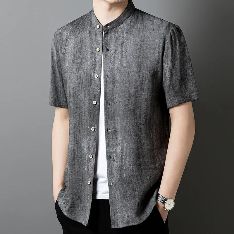 Men's loose fit short sleeve linen shirt in cardigan style with a stand collar.