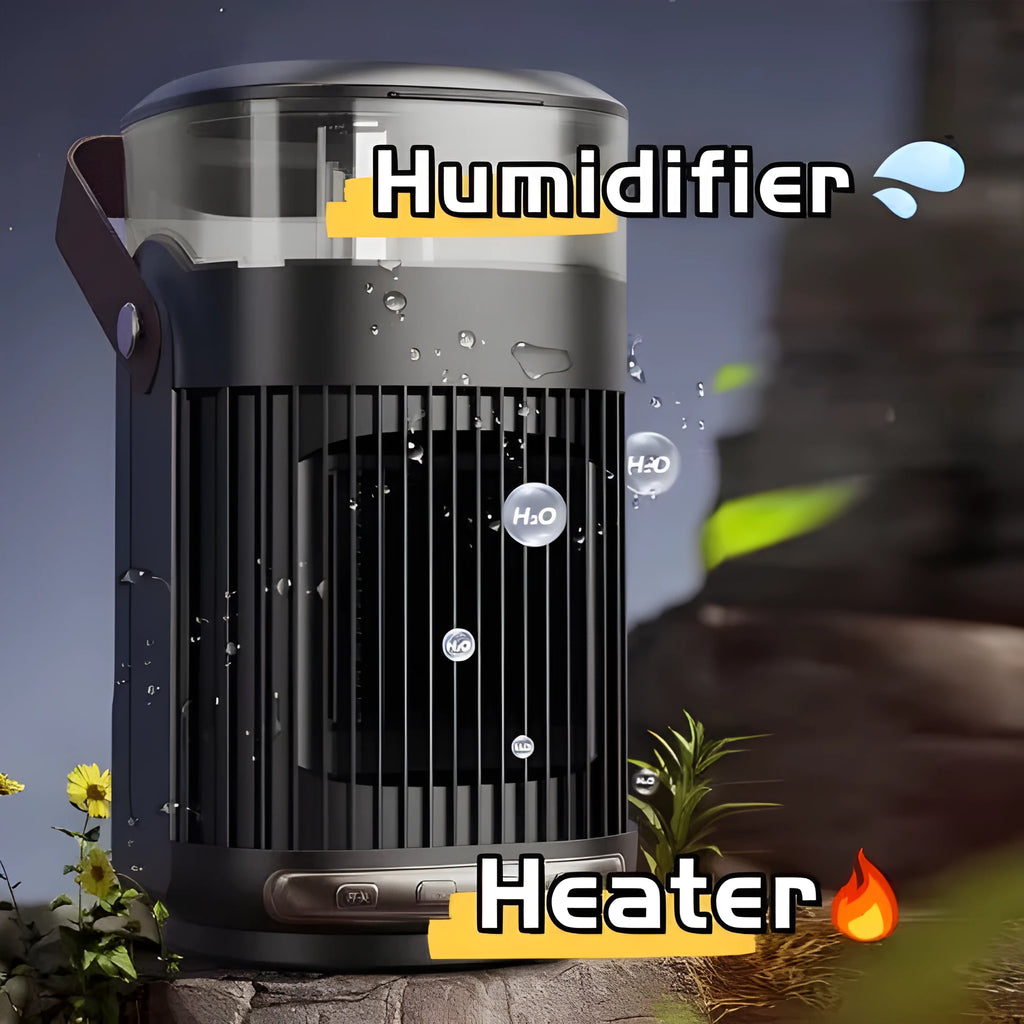 Black portable PTC space heater with built-in humidifier unit on a desk