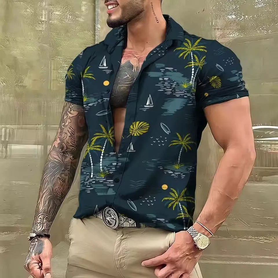 Men's loose-fit floral print short sleeve beach shirt in a colour from the available range.