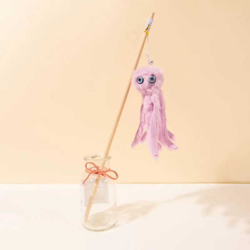 Octopus-themed cat toy on a long stick with bright colours, for interactive indoor play with kittens.