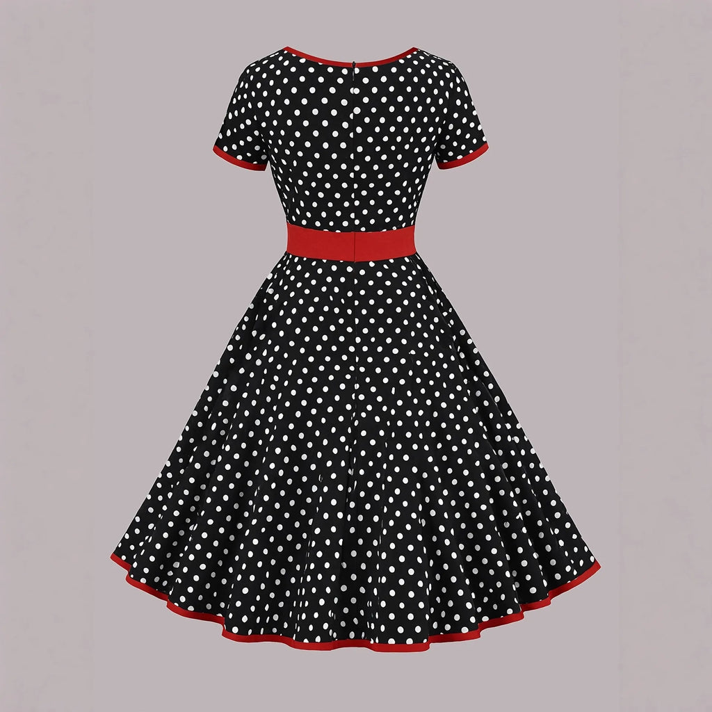 Women's multicolour polka dot midi dress with square collar and front zipper closure