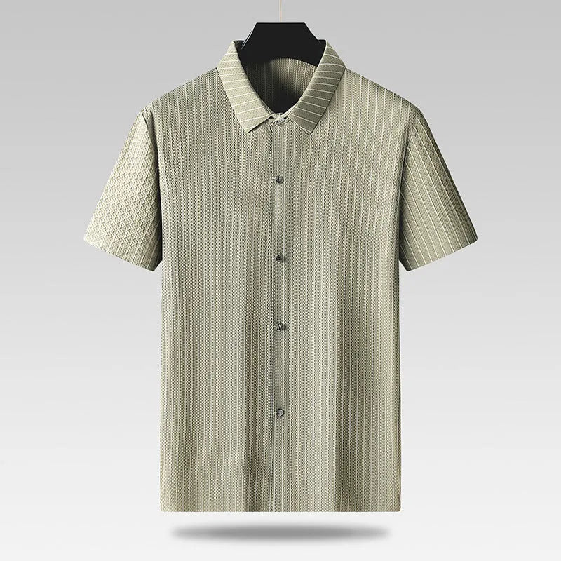 Men's plus size striped ice silk shirt with square collar in loose fit casual style