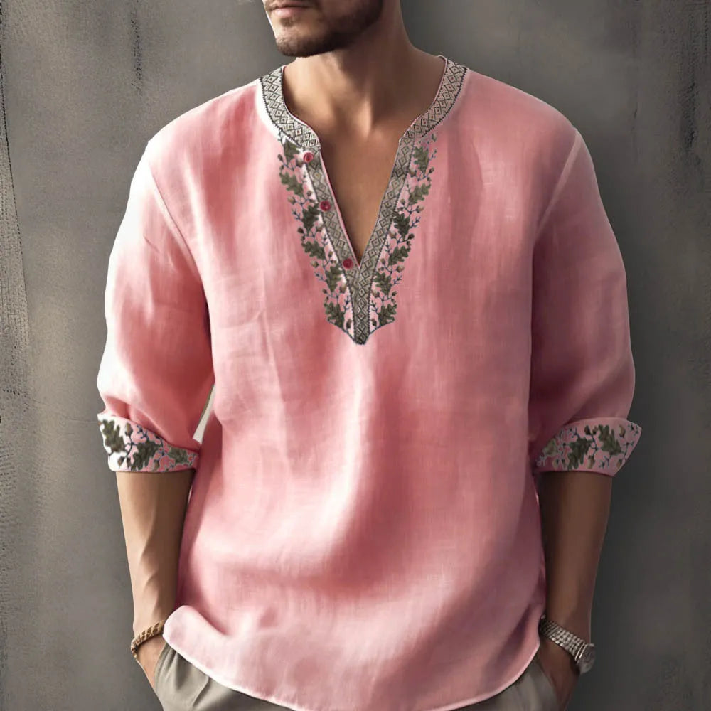 British style striped long sleeve shirt in bamboo hemp fabric for summer.