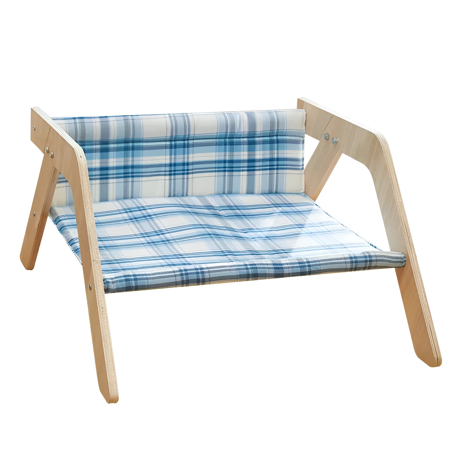 Blue wooden elevated cat bed with fabric hammock for indoor feline lounging