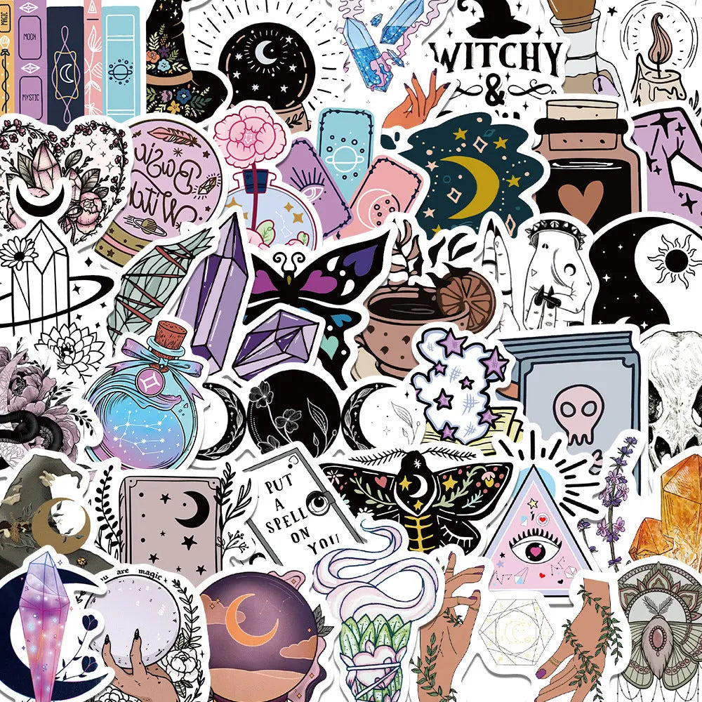 50-pack bohemian wizard graffiti stickers printed on PVC matte film, retro style, sizes 5-7cm