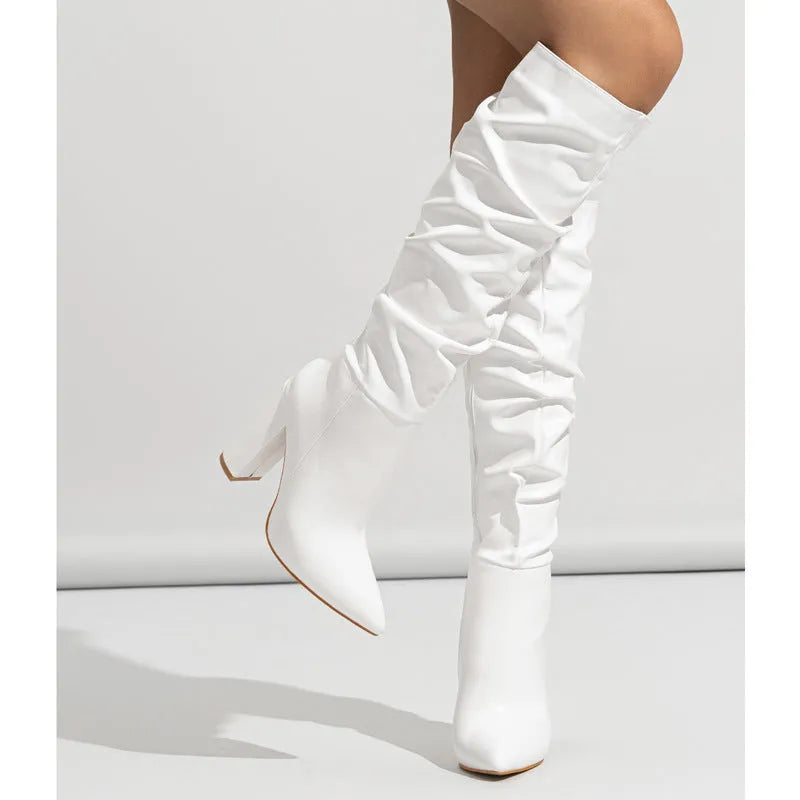 Women's white pointed toe high-heel boot with side zipper and high cylinder design