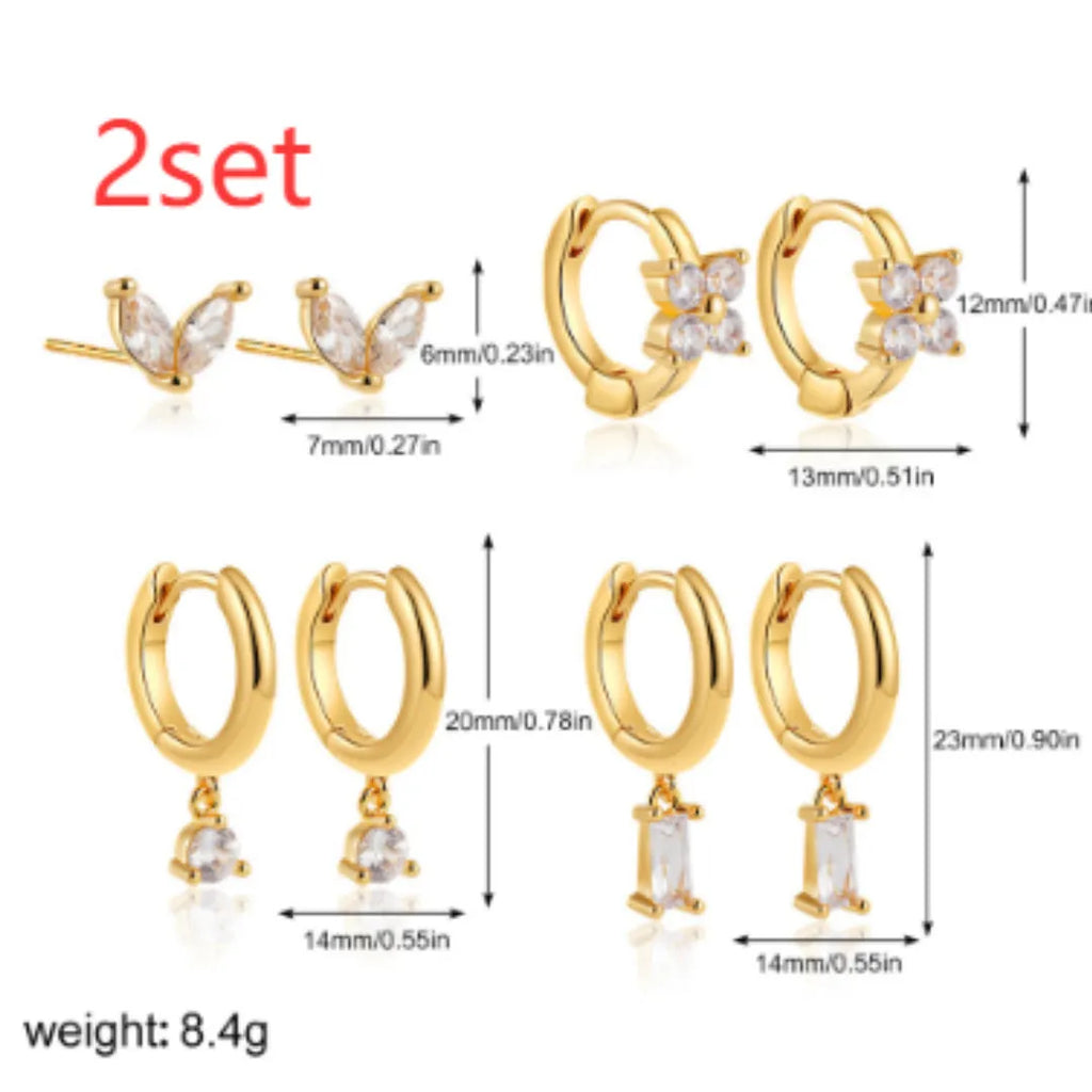 Copper geometric square earrings with zircon accents in gold or silver electroplated finishes