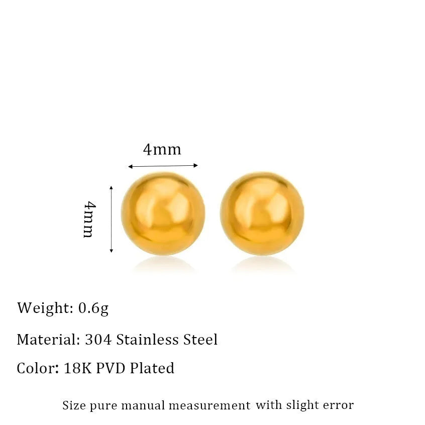 Stainless steel ball stud earrings in gold and silver finishes on a grey background.