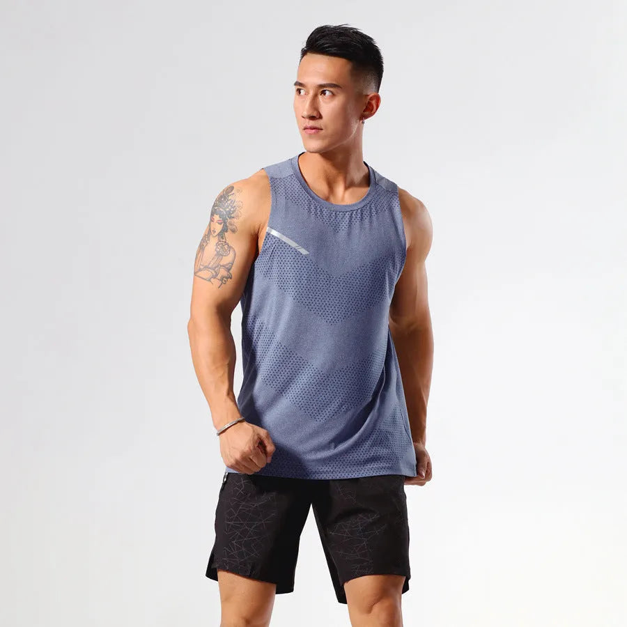 Men's solid colour quick-drying sports tank top for summer outdoor activities on a neutral background.
