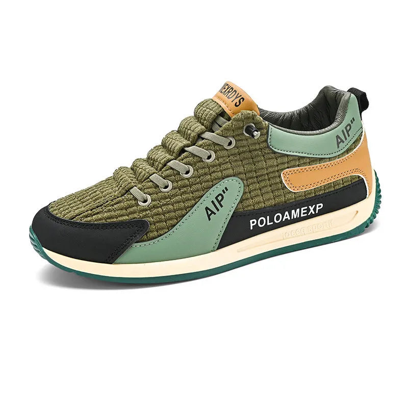 Men's green and grey low-top mesh running shoes with round toe and lace-up front.