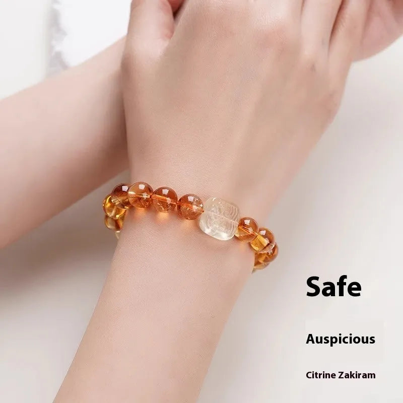 Women's carved citrine bracelet with 10mm geometric crystal beads in ethnic style design
