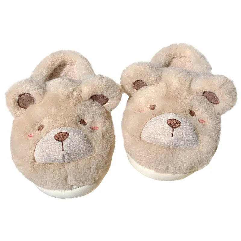 Cartoon pattern suede plush slippers for women in khaki, shown with round toe design.