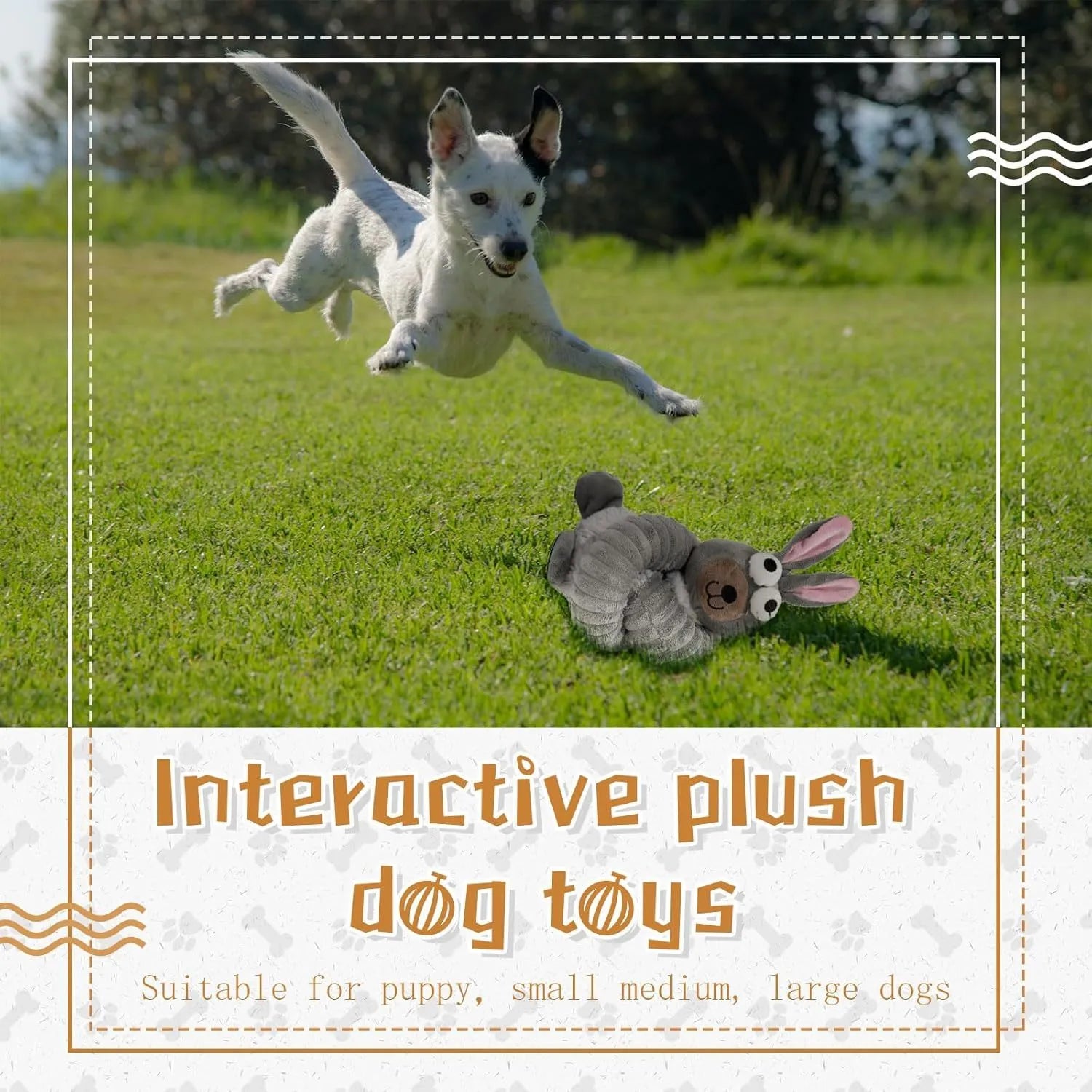 Brown grey yellow squeaky crinkle plush dog toy with stuffing for small medium large dogs