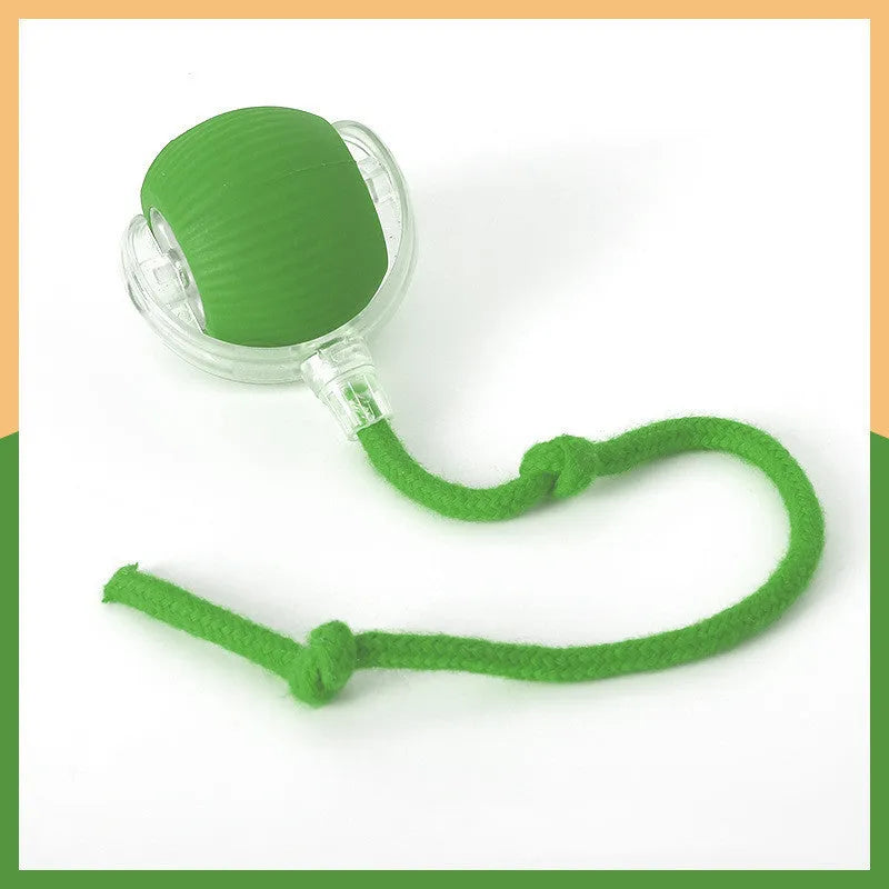 Silicone rolling ball cat toy in red, green, or grey colours, some variants with an attached rope.