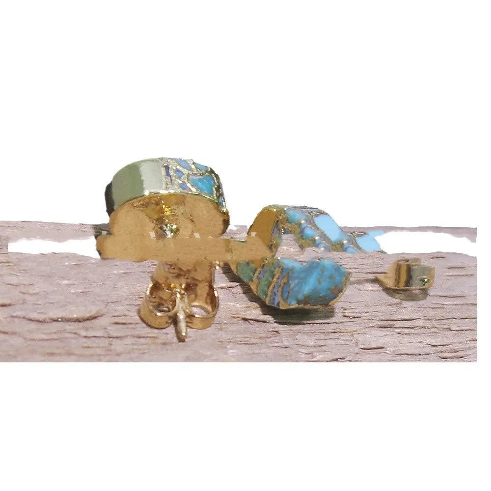 Natural stone bohemian stud earrings with irregular labradorite stones in silver settings