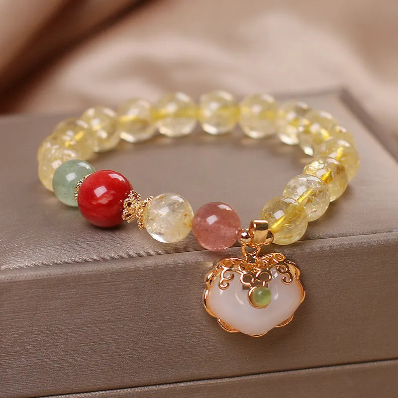 Women's natural citrine jade ruyi pendant bracelet with yellow crystal stone and adjustable alloy clasp