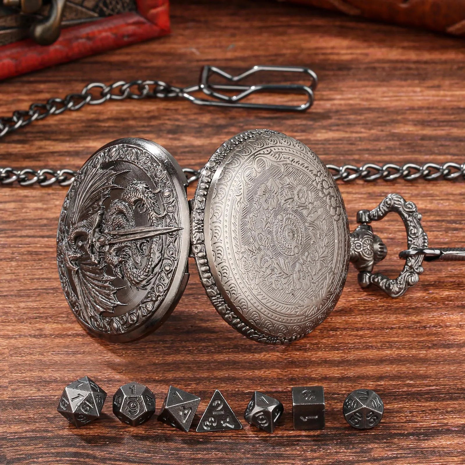 Zinc alloy DND dice storage case with winged beast relief, 5 cm size, in bronze finish