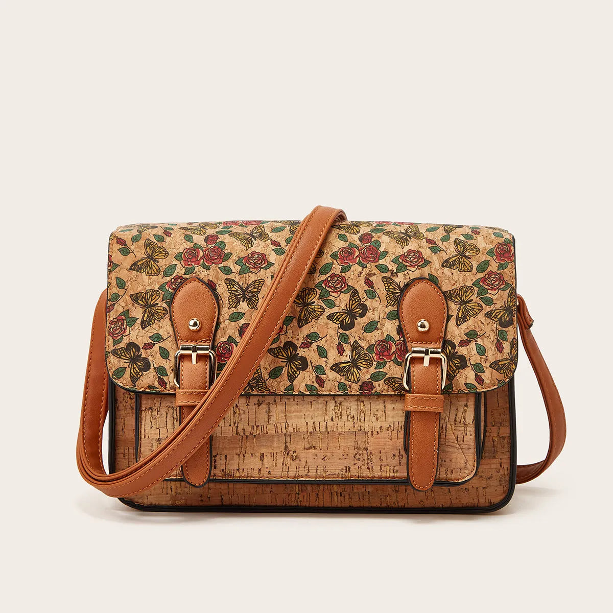 Women's printed one-shoulder crossbody bag in PU leather showing colour options: pansy, square print, grass flower, green.