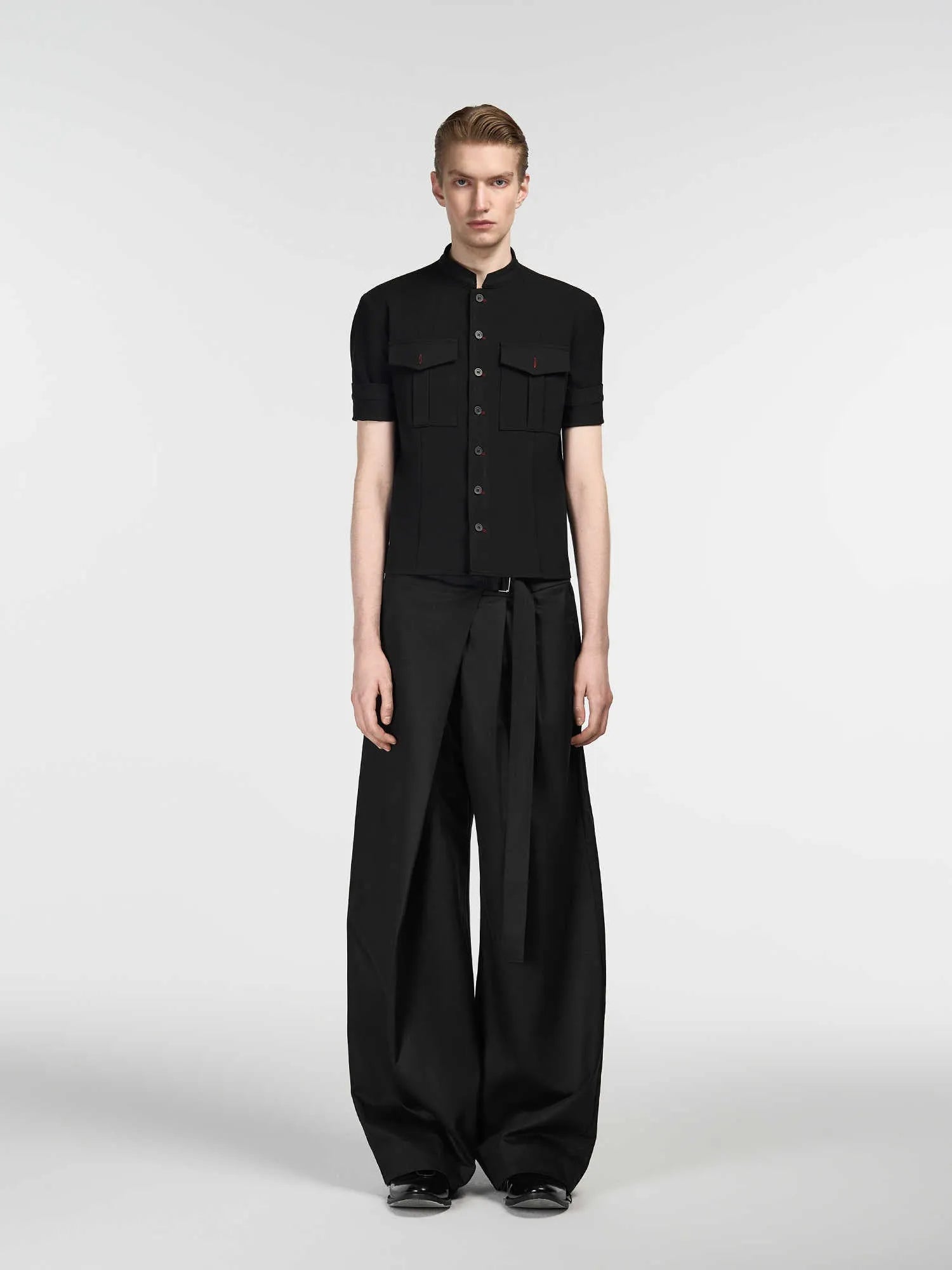 Black straight leg trousers with adjustable waistband and single pleated front detail