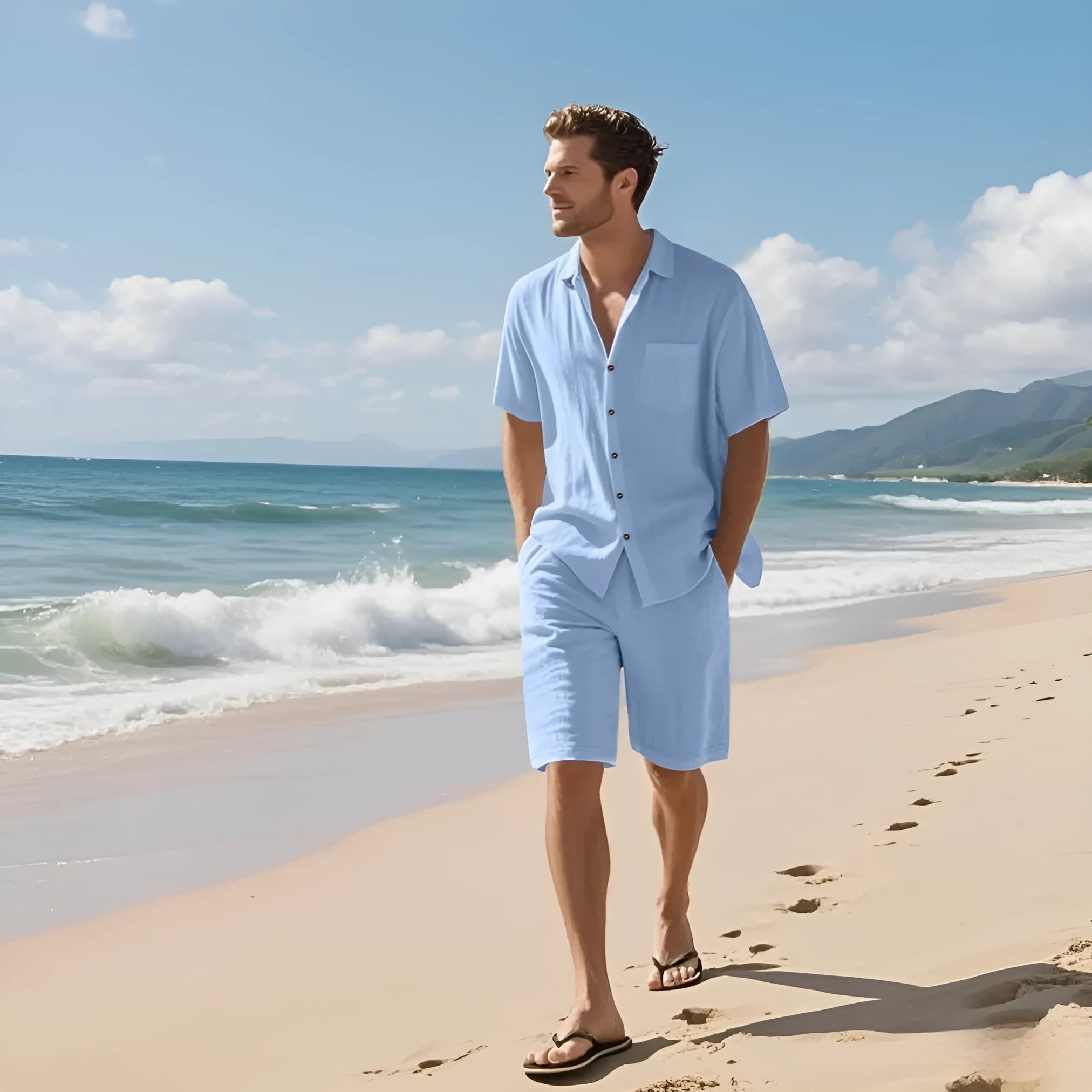 Men's linen blend short sleeve shirt and shorts casual beach set in army green.