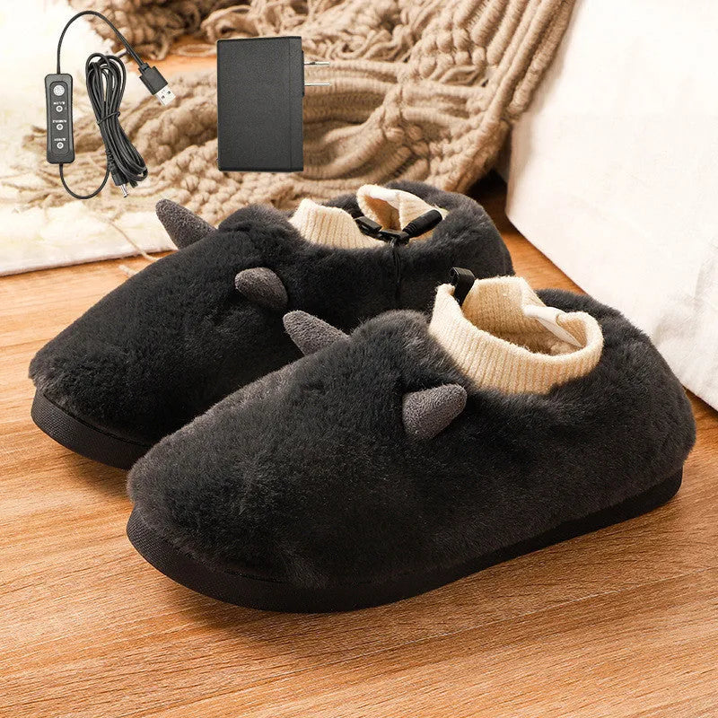 USB electric heating slippers in velvet, showing USB cable connection and adjustable temperature control.