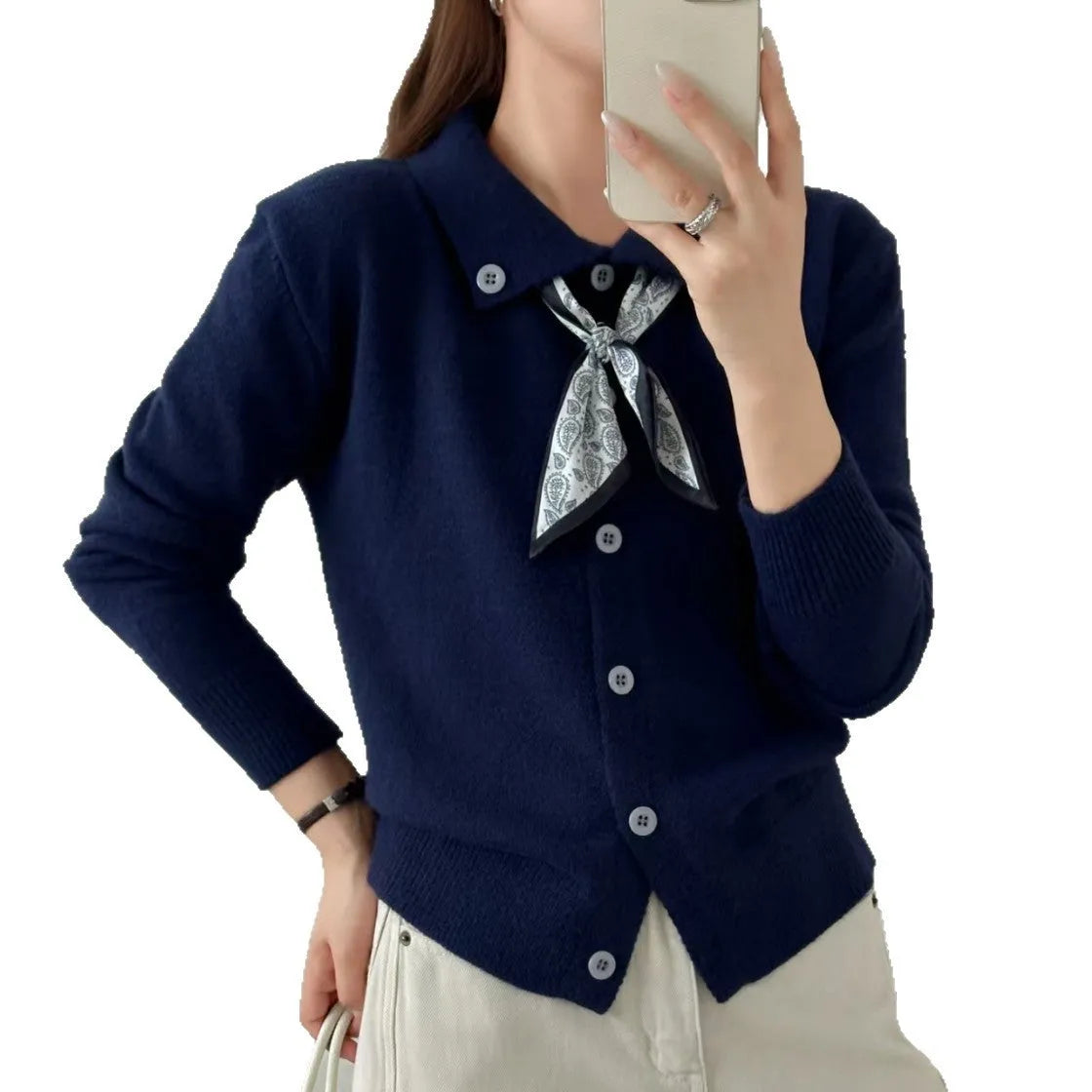 Lapel scarf sweater cardigan in acrylic knit, shown in beige.