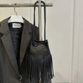 Women's soft leather tassel small satchel in bucket shape with open pocket, five colour options