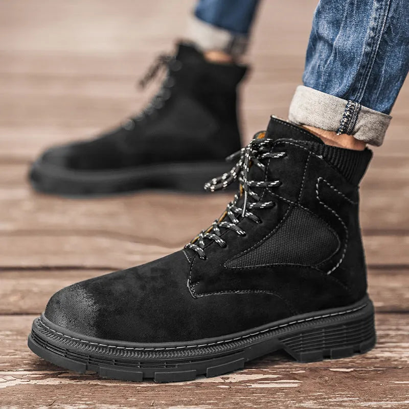 Men's vintage Martin boots with frosted leather texture and low thick rubber heel