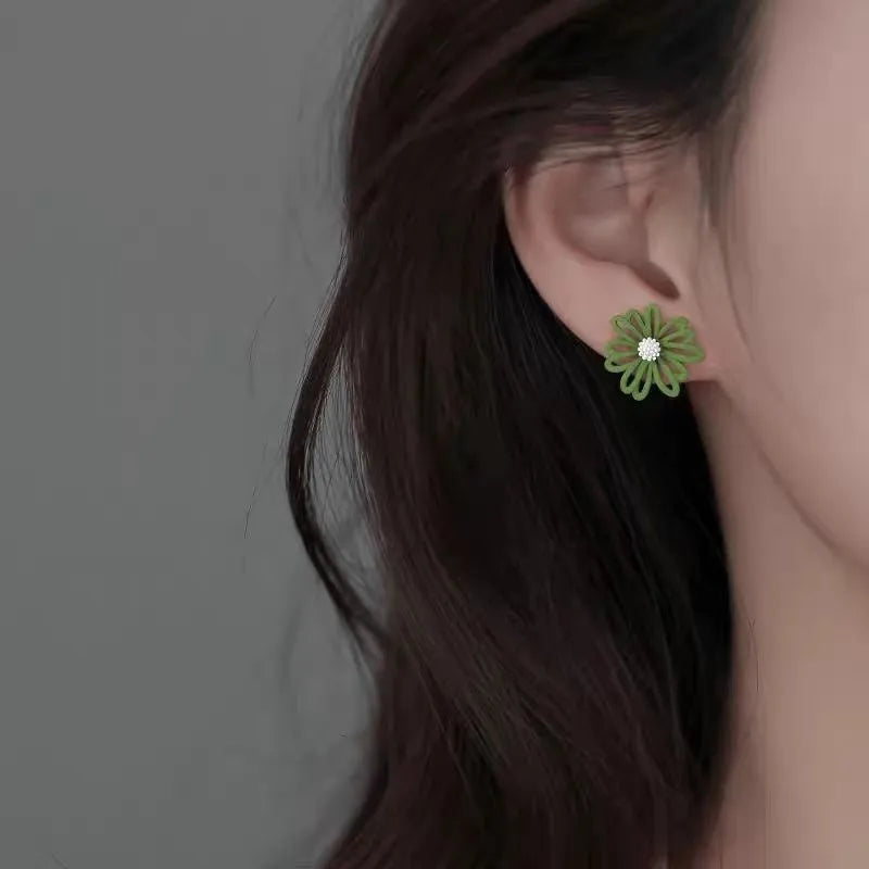 Cartoon flower alloy earrings with summer colour contrasts in blue orange, white green, and yellow white combinations