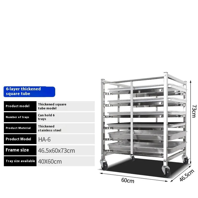 Stainless steel six-layer baking tray rack with secure locking mechanism for 40x60cm baking sheets